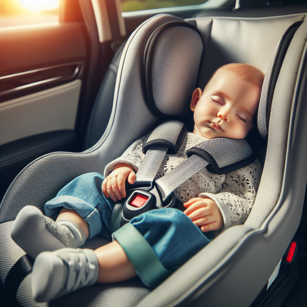 En trygg og komfortabel baby sovende i en bilstol med sikkerhetsbelter festet, i en lys og trygg bilinteriør.