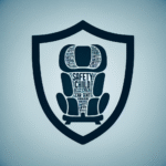 Silhouette of a car seat with a safety shield, indicating utmost protection, with keywords such as 'safety', 'child', 'car seat', visible in the background.