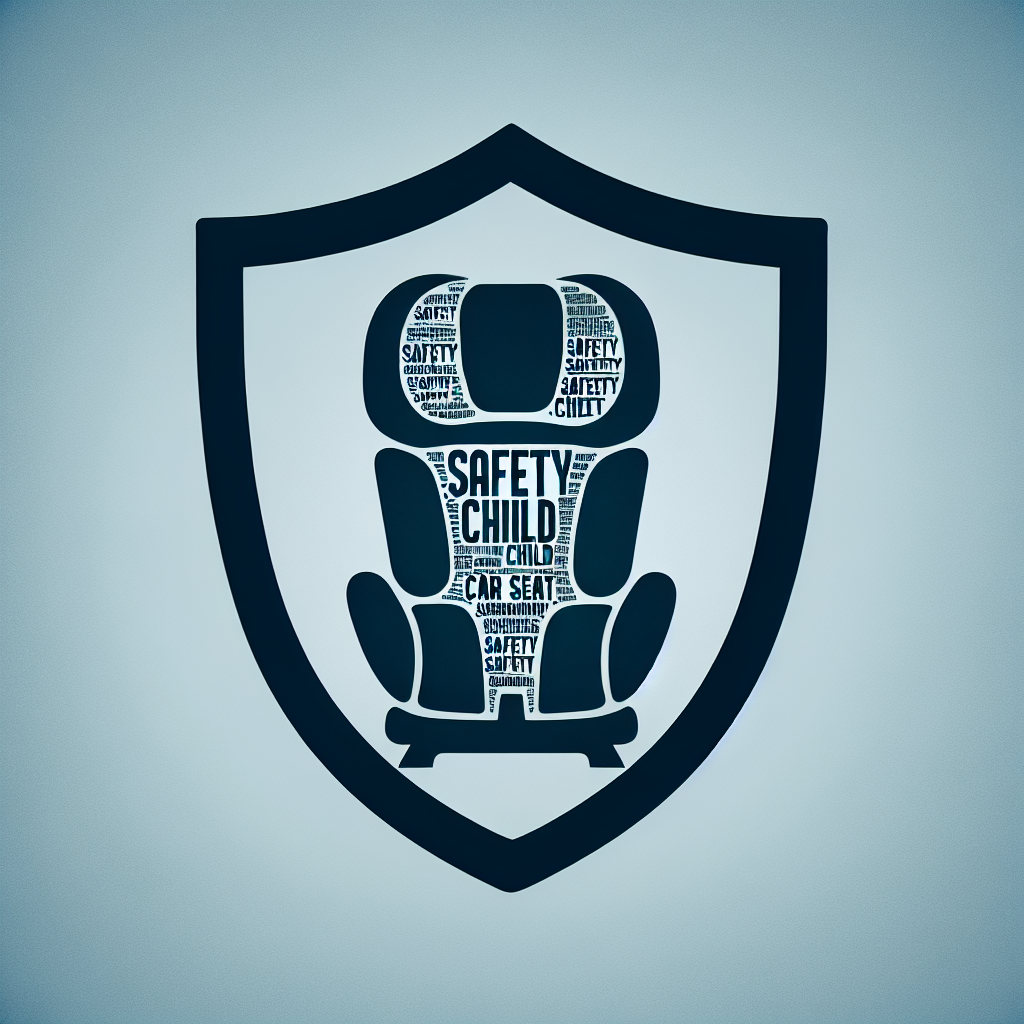 Silhouette of a car seat with a safety shield, indicating utmost protection, with keywords such as 'safety', 'child', 'car seat', visible in the background.