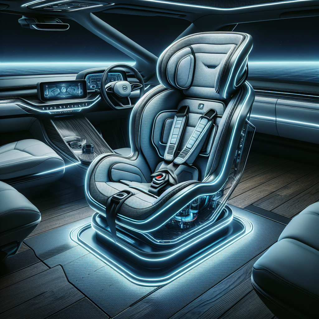 Create a sleek, modern image of an i-Size car seat with futuristic design, highlighting safety features, in a stylish car interior.