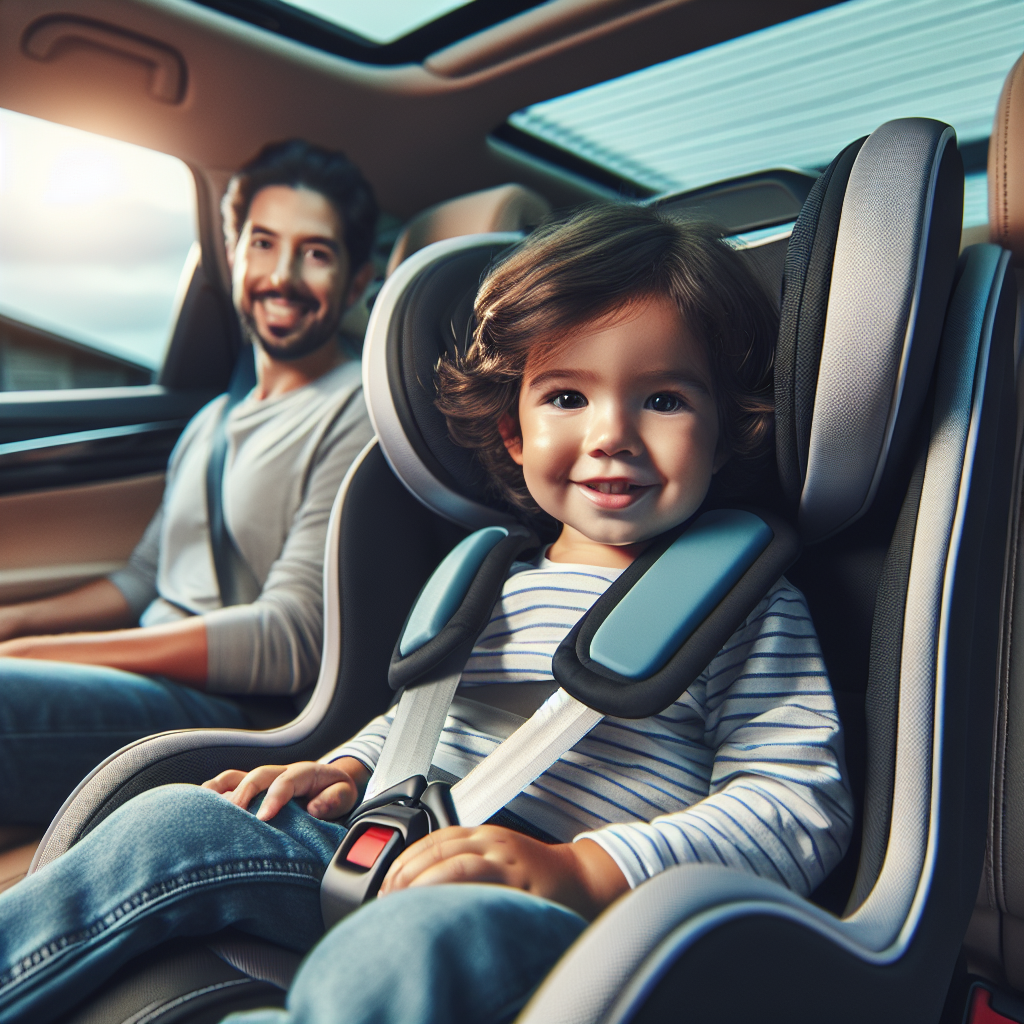 Familie på reise med bil: et smilende barn i en sikker og komfortabel bilstol, moderne bilinteriør, klart dagslys, fokus på bilstolens detaljer og trygg montering