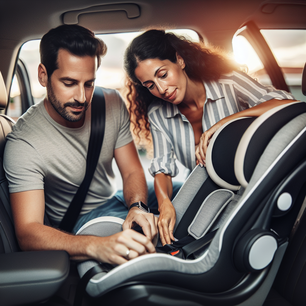 Foreldre fester en moderne bilstol i en bil, fokus på sikker montering og komfort, naturlig lys, høyt detaljnivå