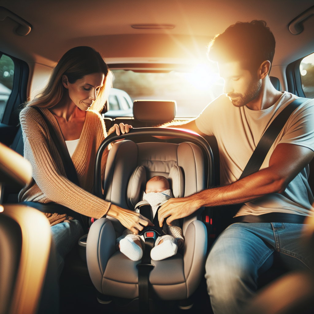 Foreldre som fester en babystol i baksetet på en moderne bil, naturlig lys, varm atmosfære, fokus på sele og komfortteppe, realistisk stil
