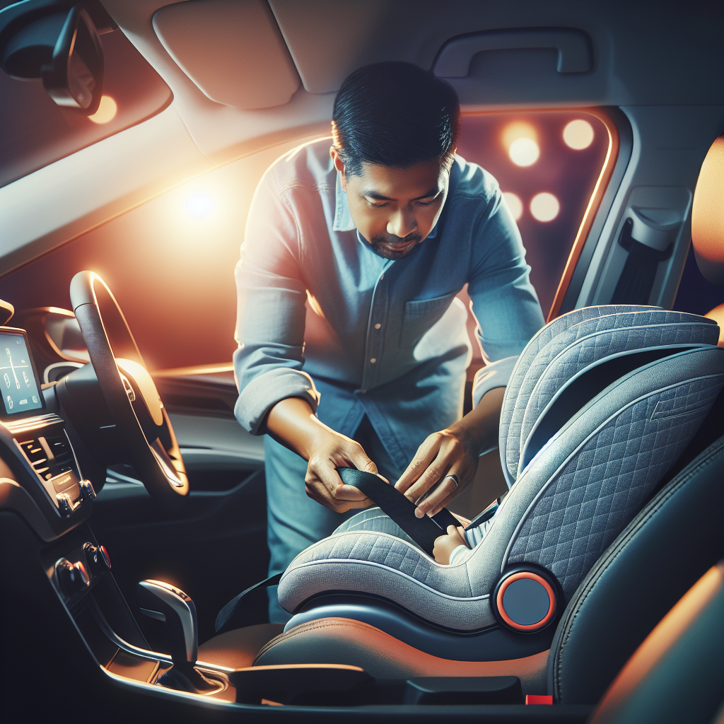 Forelder som fester en roterbar bilstol i en moderne bil, lys og vennlig atmosfære, fokus på sikkerhet og komfort, realistisk stil