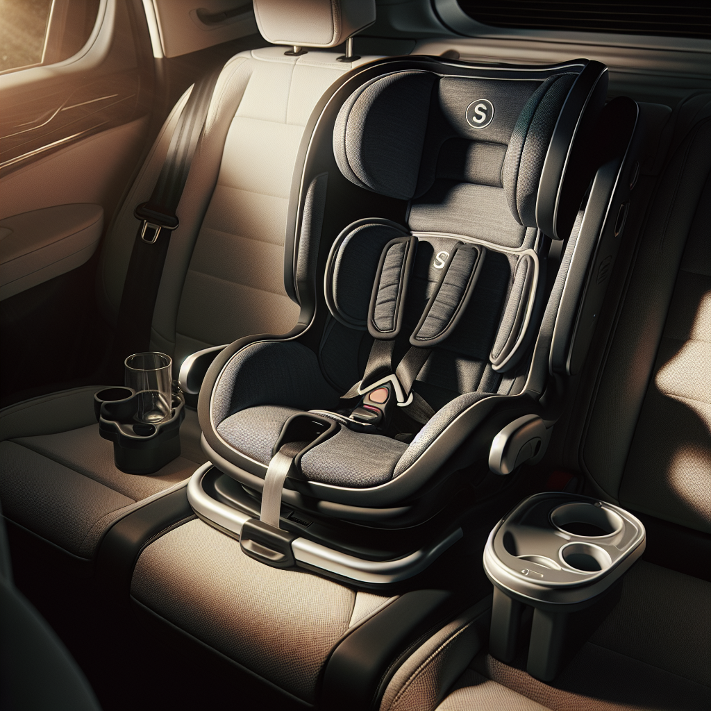 Nærbilde av et barnesete i bil med ulike tilbehør rundt: ISOFIX-base, solskjerm, speil og koppholder i et moderne bilinteriør, myk naturlig belysning